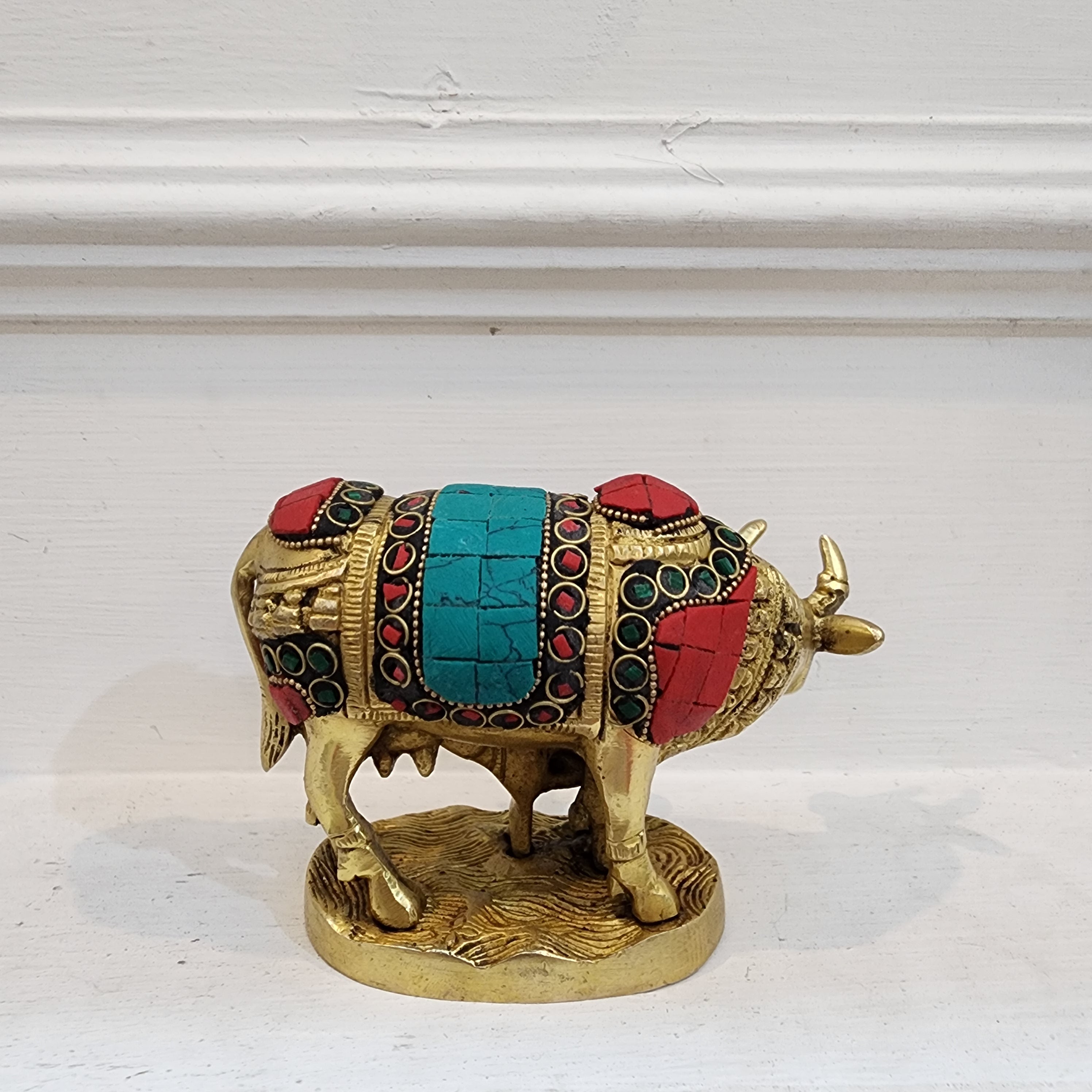 4 inch Brass Cow with calf statue with semi precious stone work