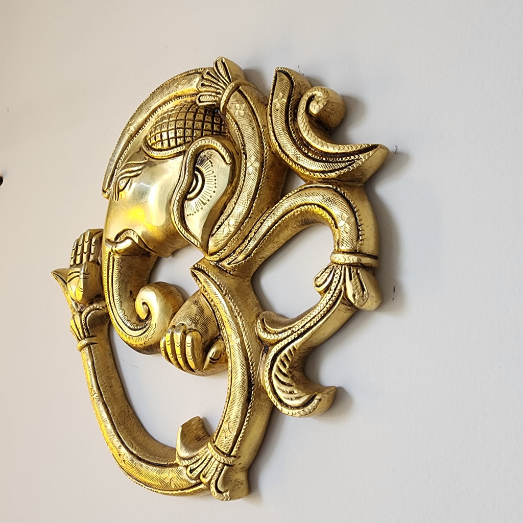8.5 inch Brass Ganesh Wall Hanging with om: Auspicious Home Decor