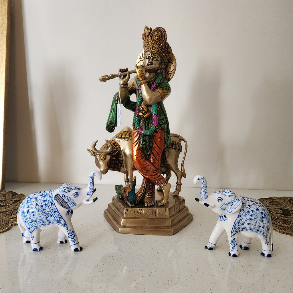 Elephant statue with trunk up metal with hand-painted enamel work