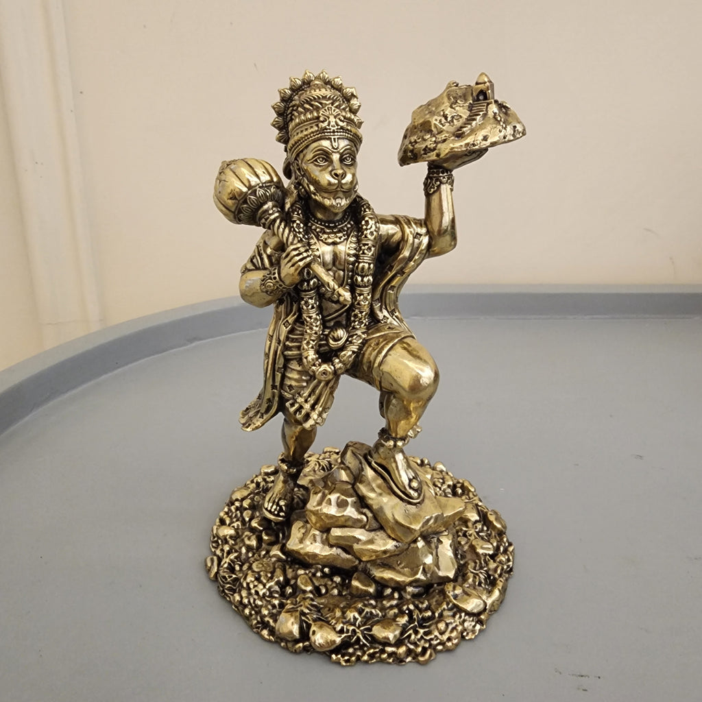 Brass Hanuman Statue with Mountain | sanjeevani Pahad Hanuman | (6 inch) Pack of 1