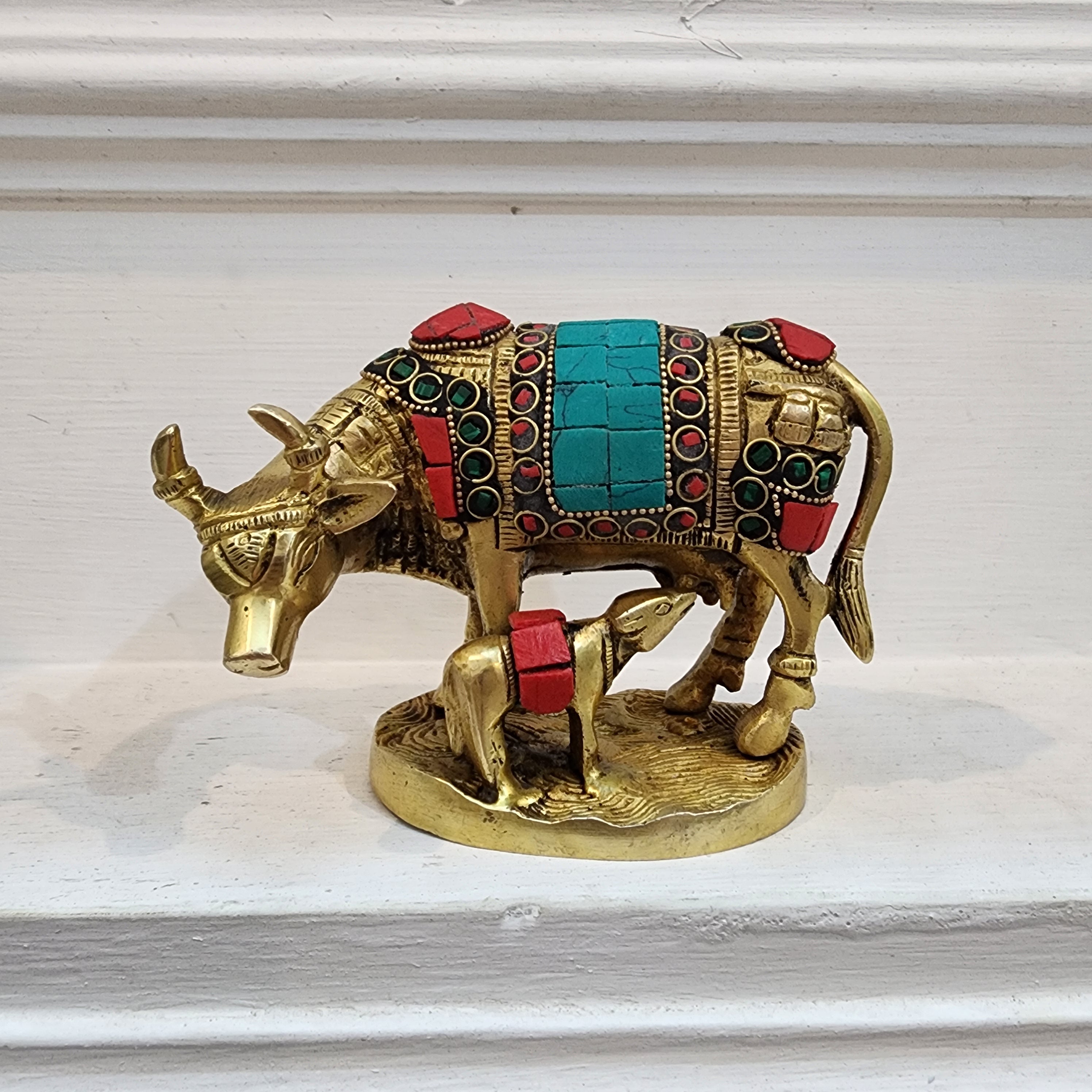 4 inch Brass Cow with calf statue with semi precious stone work