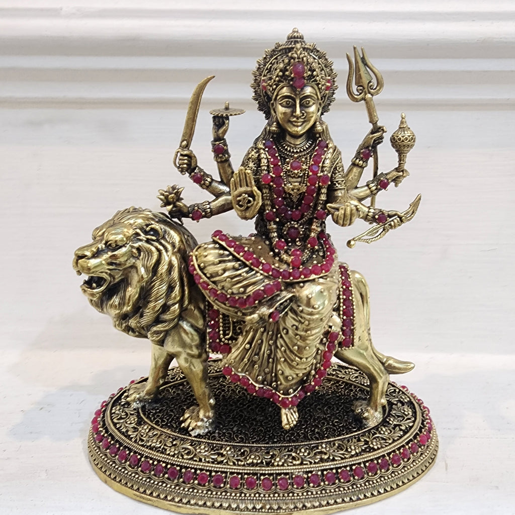 5.5 inch long Maa durga with stone work in premium brass,  weight 0.502 kg