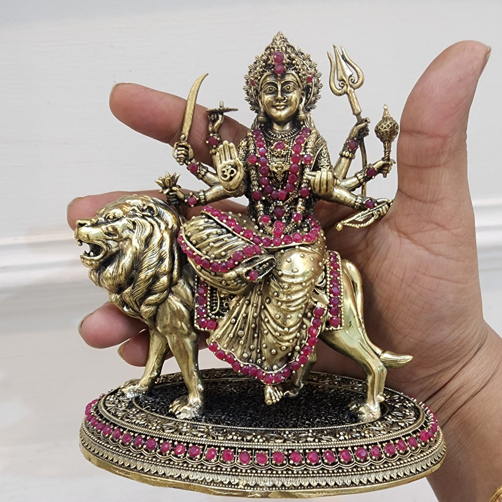 5.5 inch long Maa durga with stone work in premium brass,  weight 0.502 kg