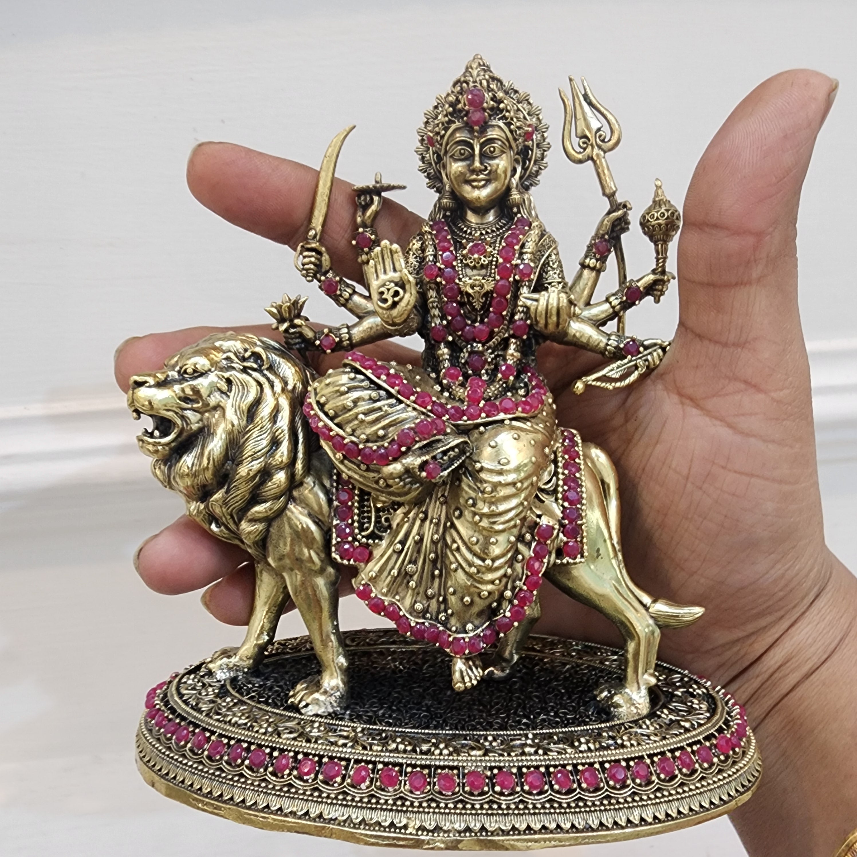 5.5 inch long Maa durga with stone work in premium brass,  weight 0.502 kg