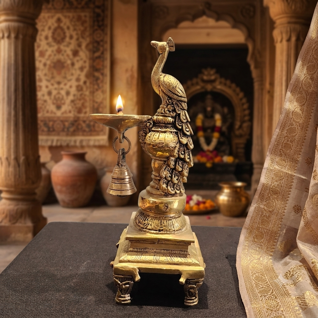 10 inch brass peacock diya