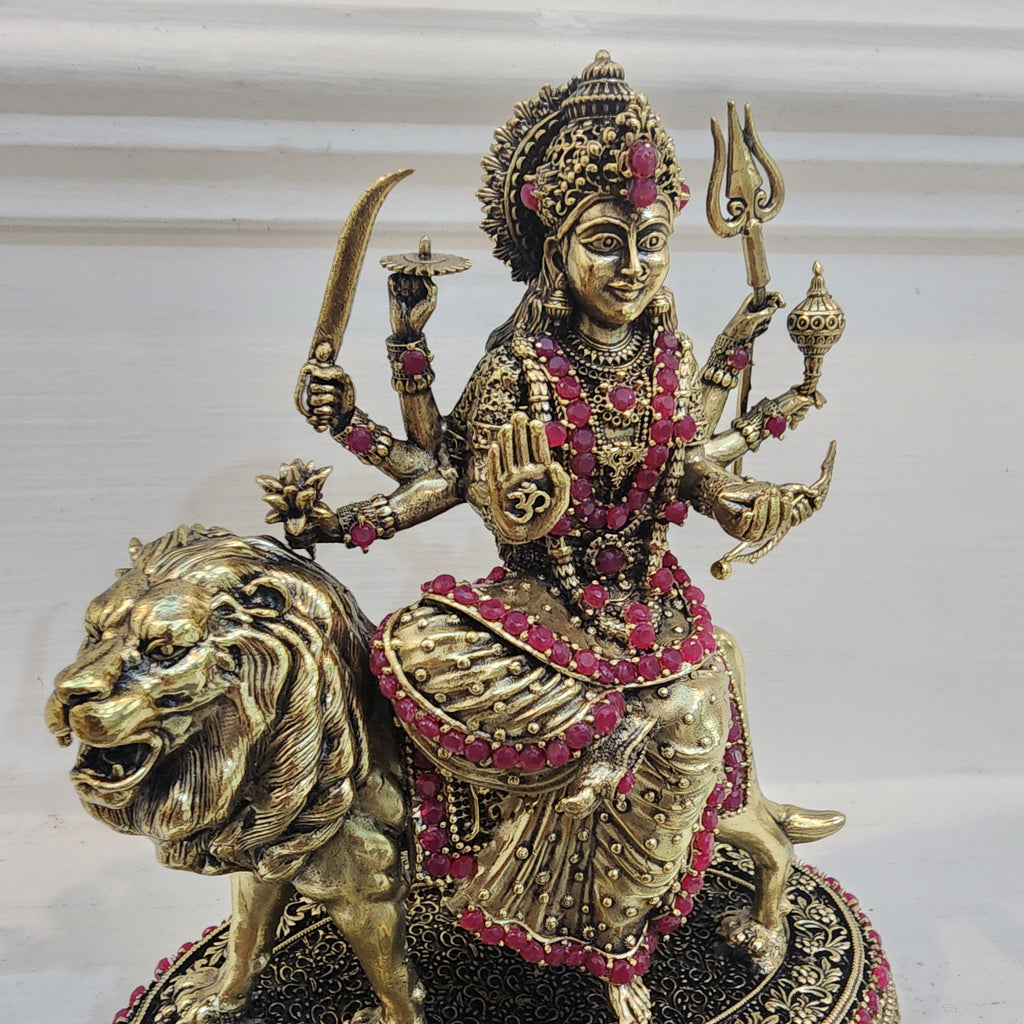 5.5 inch long Maa durga with stone work in premium brass,  weight 0.502 kg