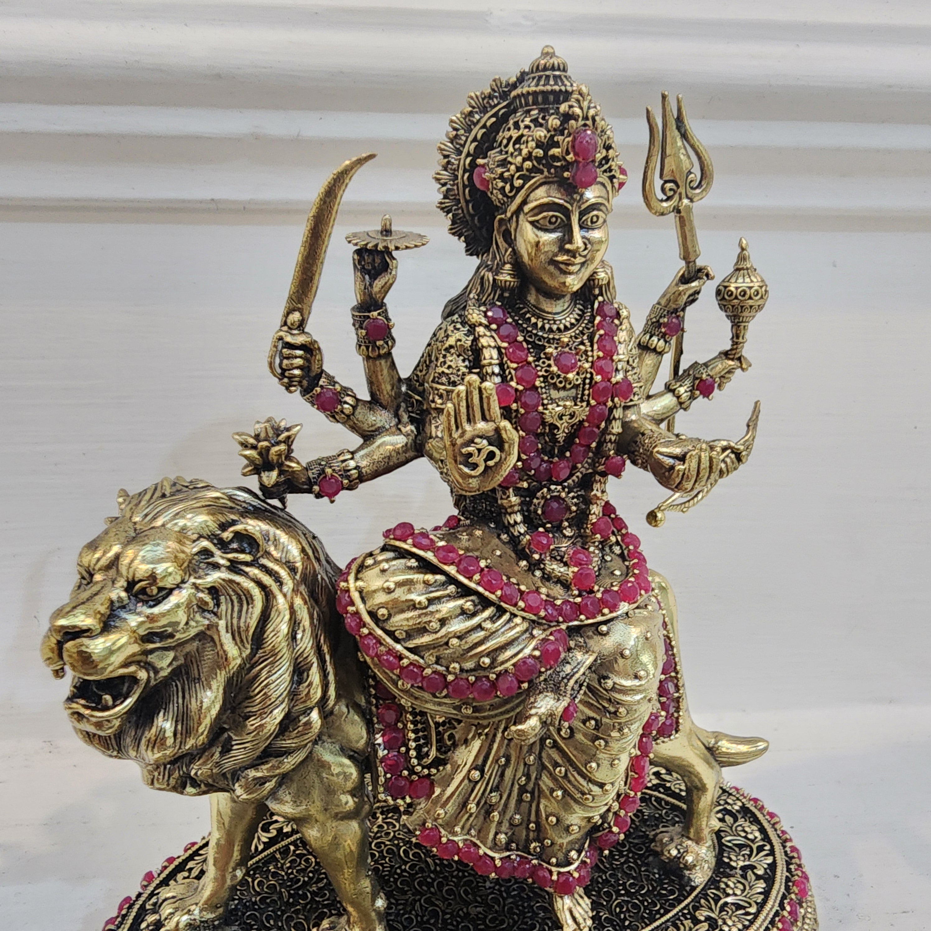 5.5 inch long Maa durga with stone work in premium brass,  weight 0.502 kg