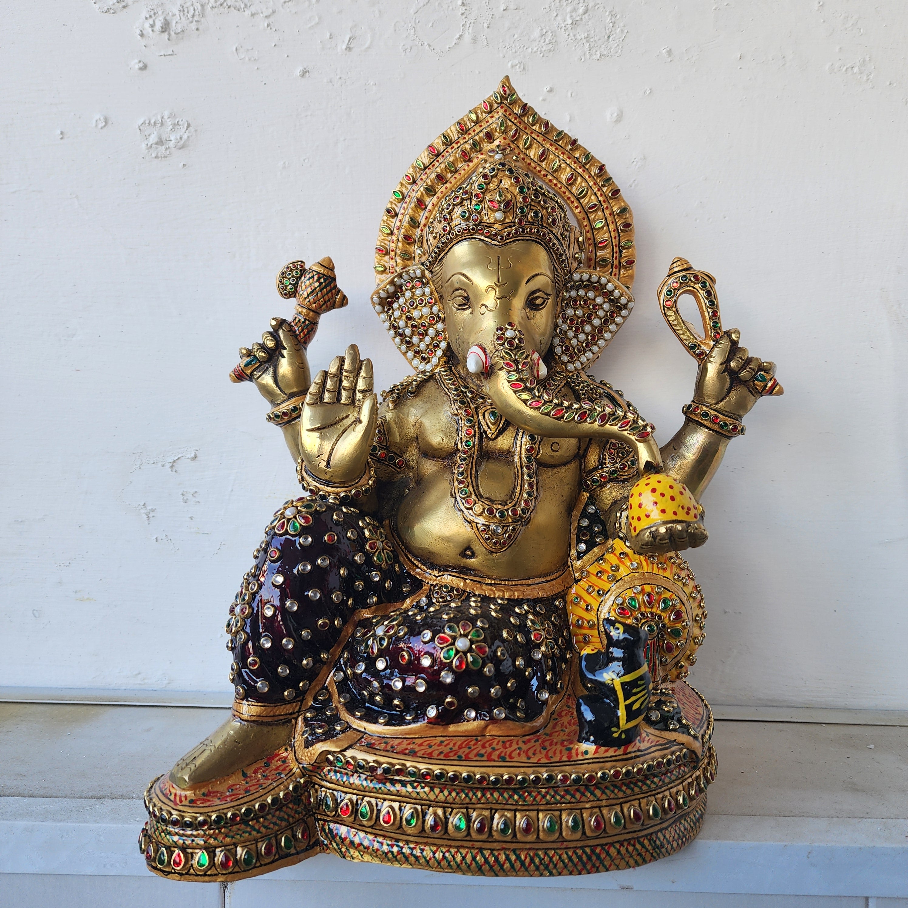  Big brass ganesha Statue in unique pose with jewelry stone work