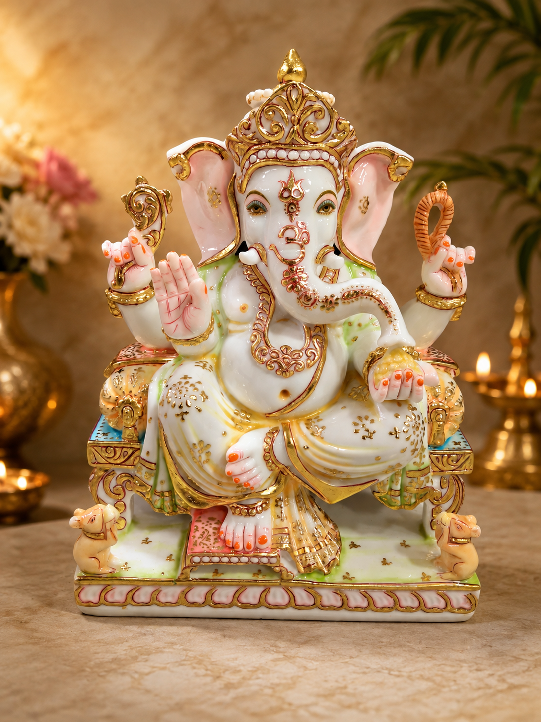 15 inch long Ganesha Statue Culture Marble Hand Painted stone or Meenakari Work