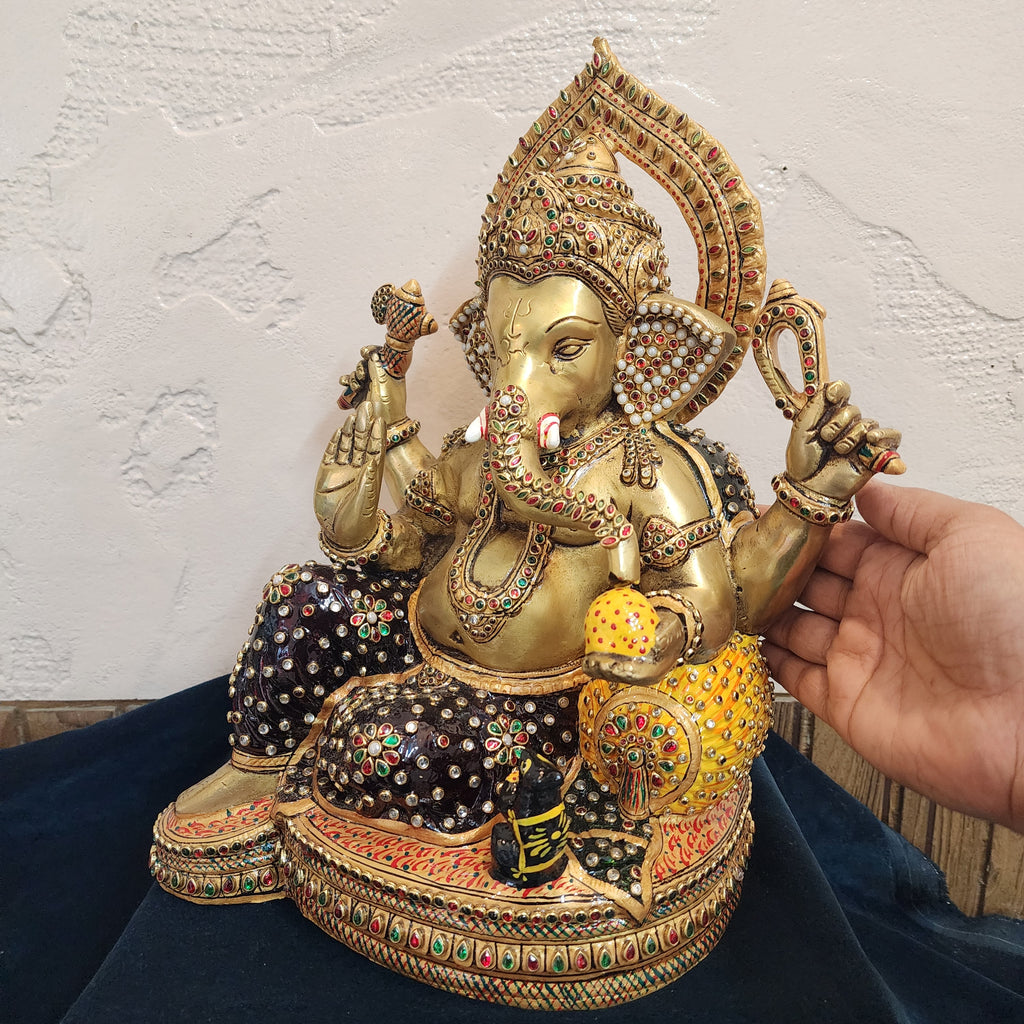  Big brass ganesha Statue in unique pose with jewelry stone work