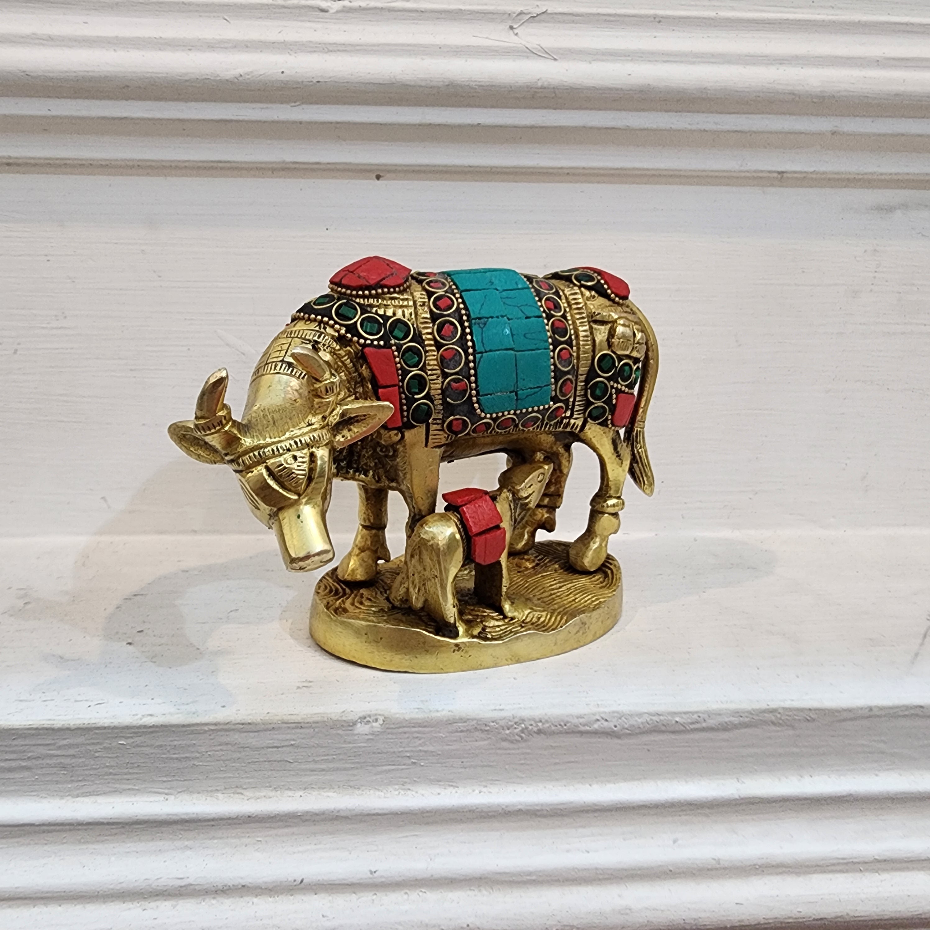 4 inch Brass Cow with calf statue with semi precious stone work