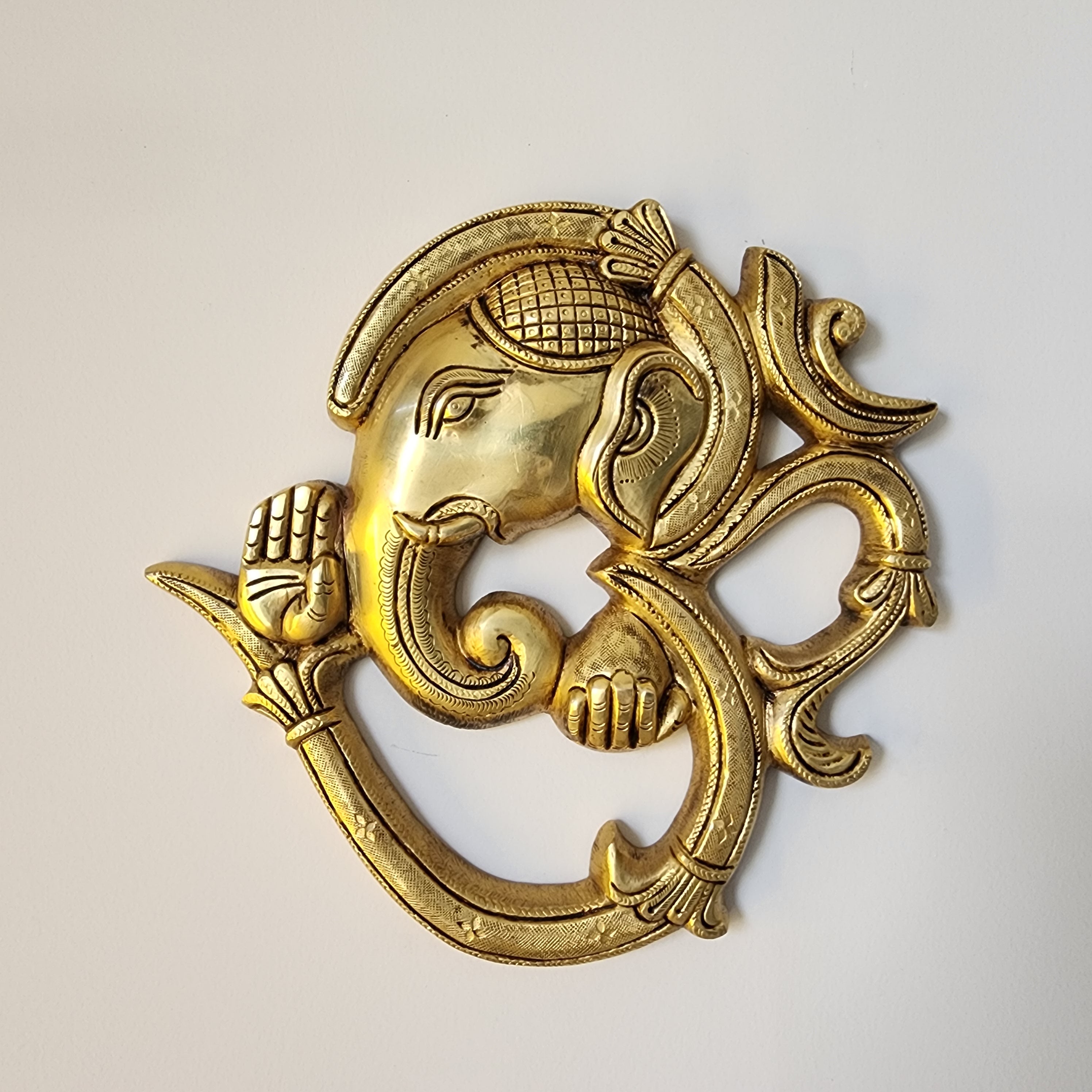 8.5 inch Brass Ganesh Wall Hanging with om: Auspicious Home Decor