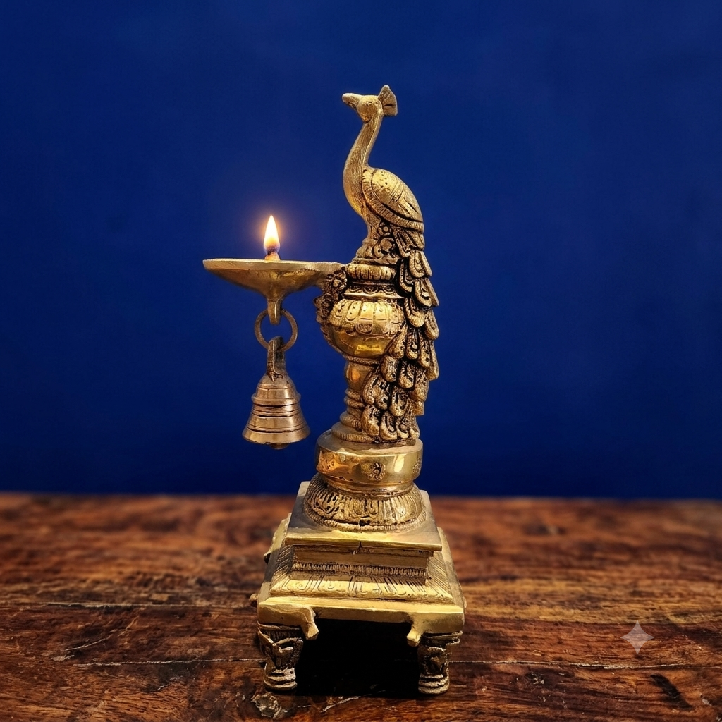 10 inch brass peacock diya