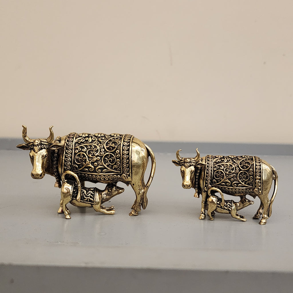 6.5 cm / 5 cm Kaamdhenu cow calf statue premium brass