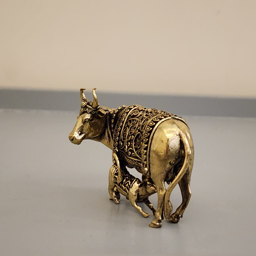 6.5 cm / 5 cm Kaamdhenu cow calf statue premium brass