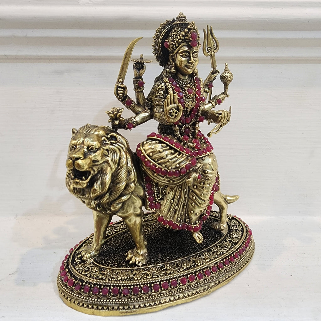5.5 inch long Maa durga with stone work in premium brass,  weight 0.502 kg