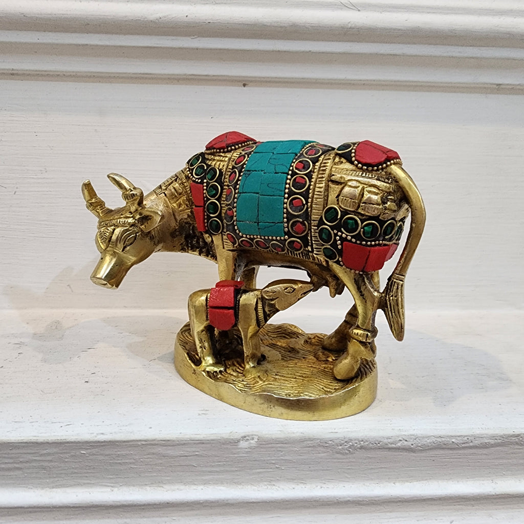 4 inch Brass Cow with calf statue with semi precious stone work