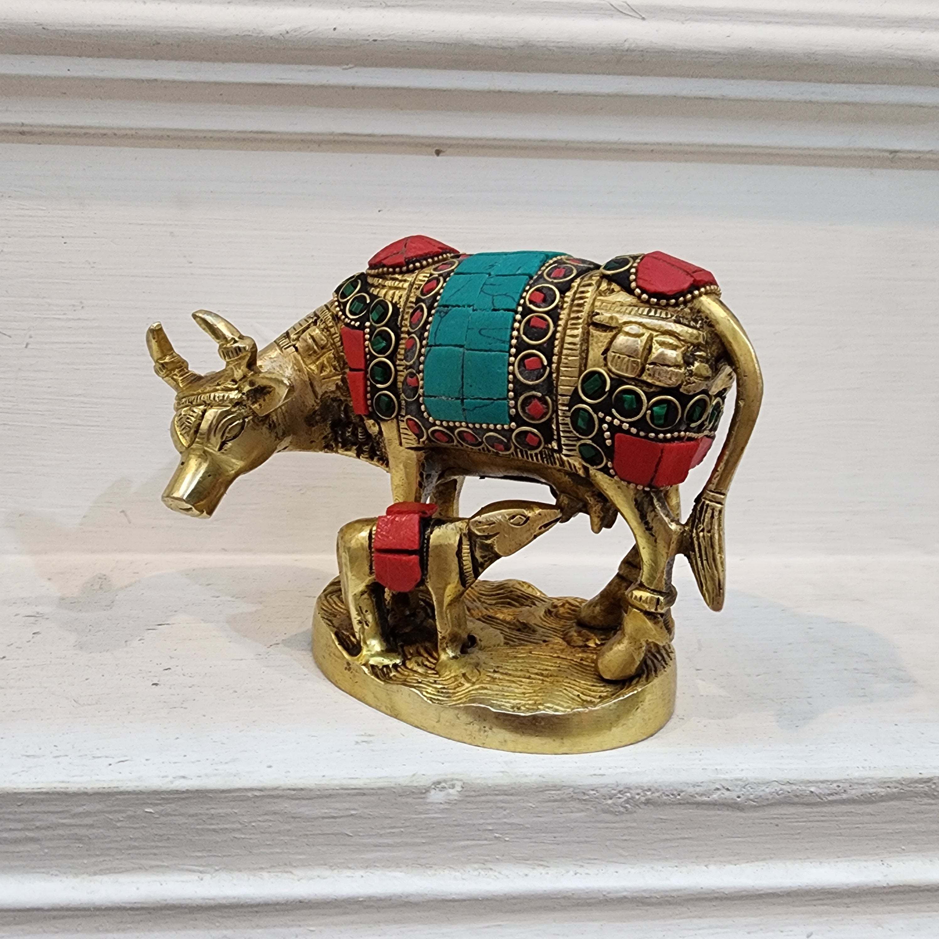 4 inch Brass Cow with calf statue with semi precious stone work
