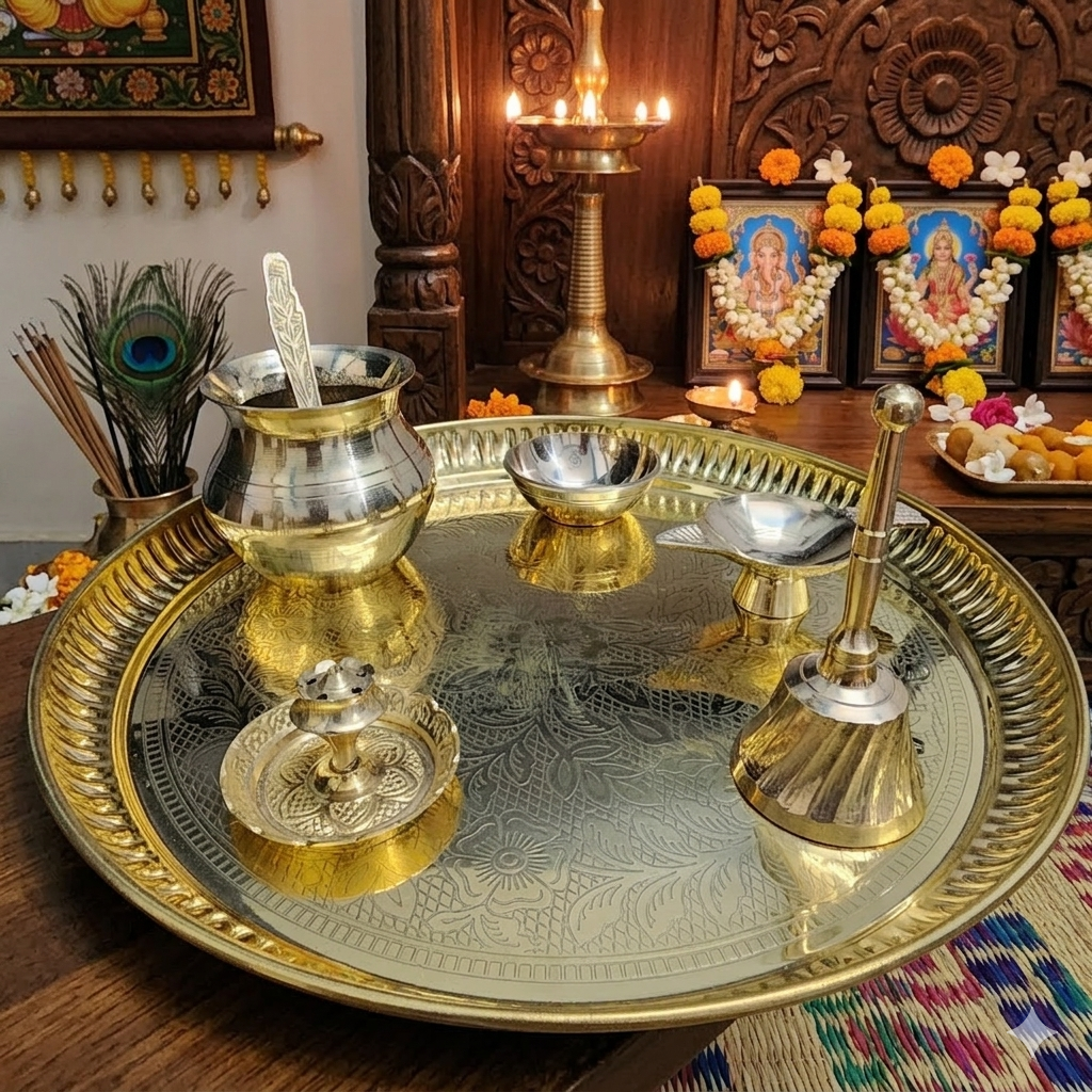 Brass 10 inch pooja thali set of 7 pcs