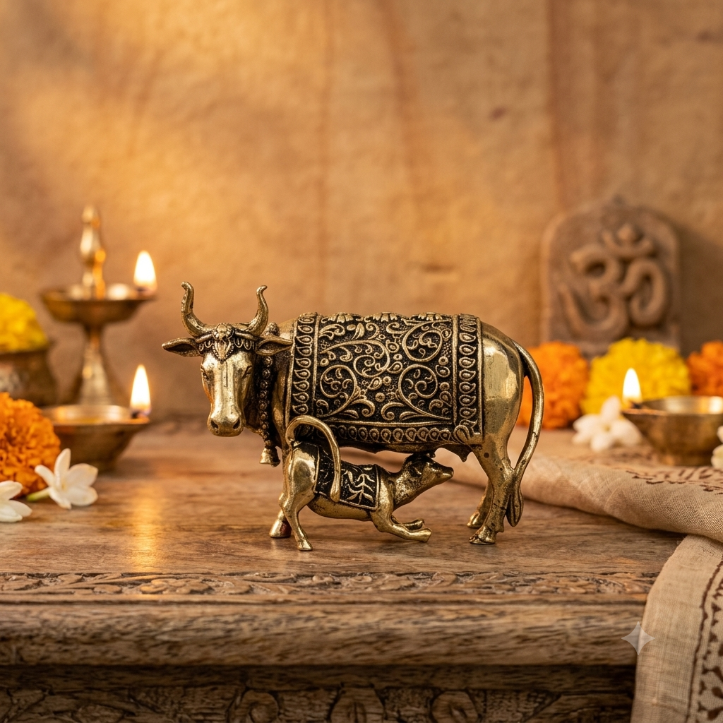 6.5 cm / 5 cm Kaamdhenu cow calf statue premium brass