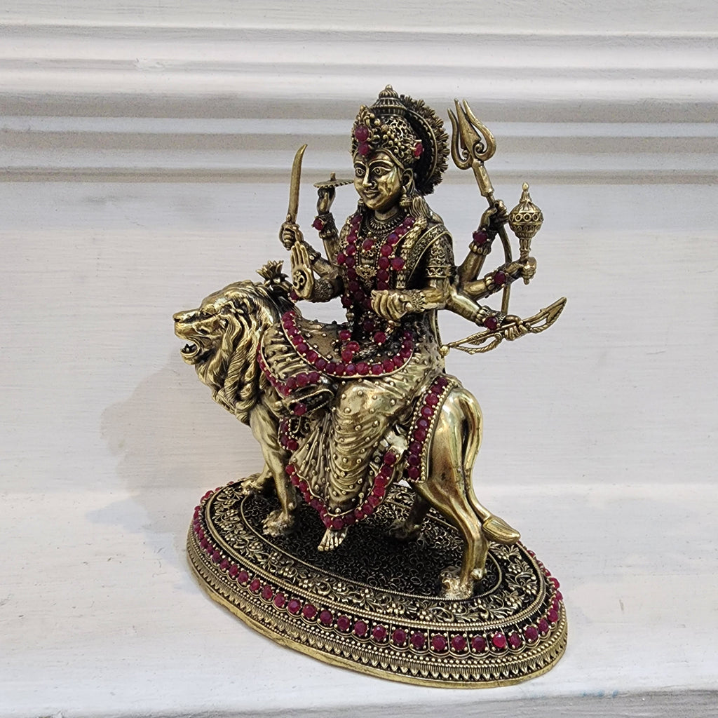 5.5 inch long Maa durga with stone work in premium brass,  weight 0.502 kg