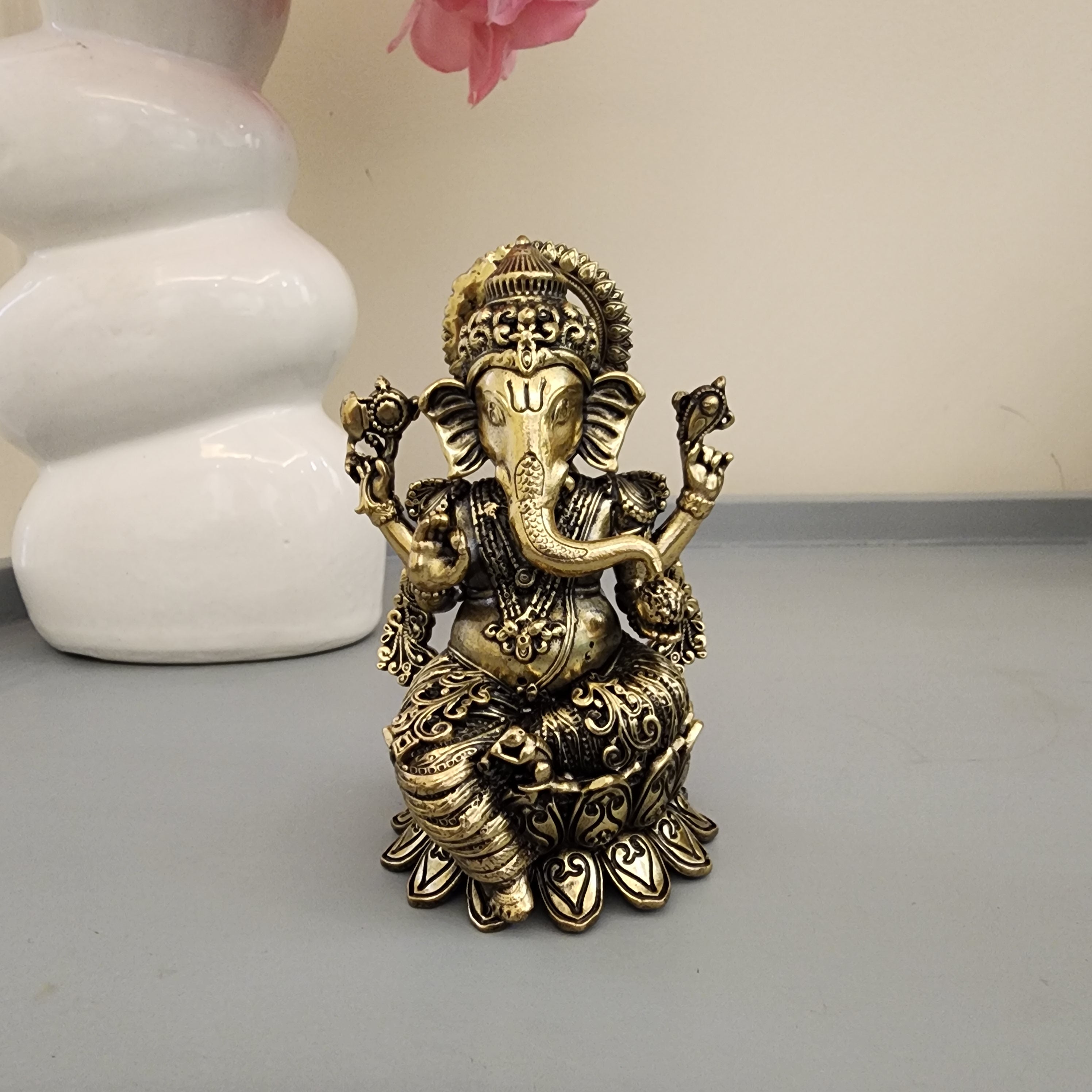 Brass Ganesh Statue sitting on lotus 4 inch [200gram]